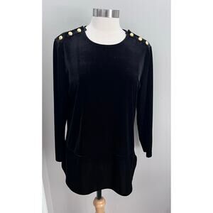 Lauren Ralph Lauren Black Velvet Gold Buttons Stretch Tunic Top Size Medium